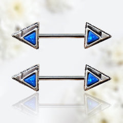 Pair of 14G Blue Opal Gem Triangle Ends Nipple Barbell