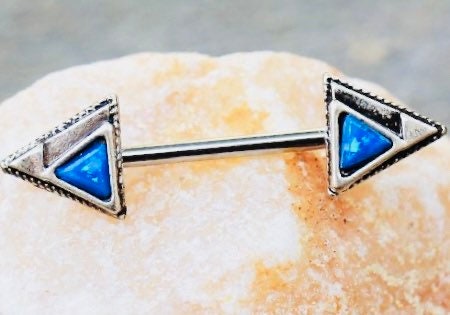 Pair of 14G Blue Opal Gem Triangle Ends Nipple Barbell