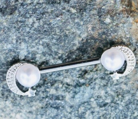 Pair of 14G Silver White Pearl Moon & Star Nipple Barbell