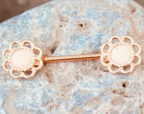 Pair of 14G Rose Gold White Opal Flower Nipple Barbell