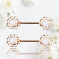 Pair of 14G Rose Gold White Opal Flower Nipple Barbell