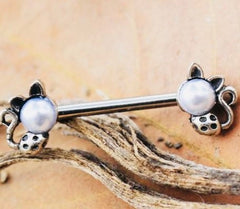 Pair of 14G Silver Cats with White Pearl Nipple Barbell