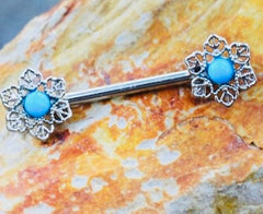 Pair of 14G Blue Opal Gem Flower Nipple Barbell