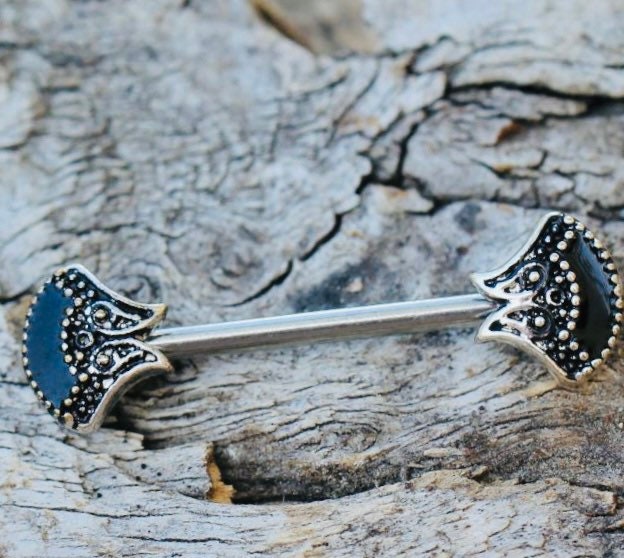 Pair of 14G Silver Antique Tribal Fan Nipple Barbell