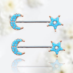 Pair of 14G Rose Gold Turquoise Moon & Star Nipple Barbell