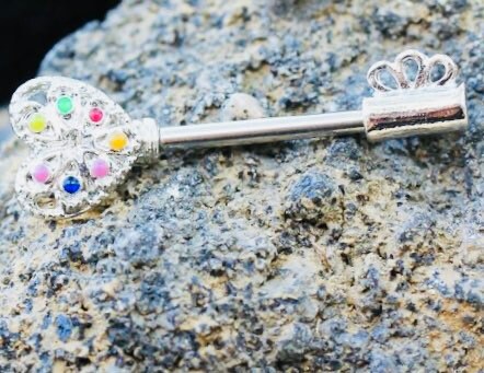 Pair of 14G Silver Multicolor Rainbow Key Nipple Barbell