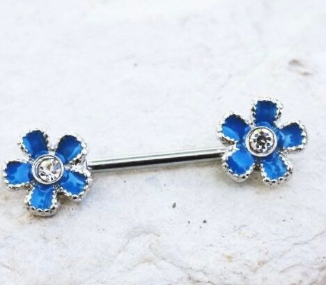 Pair of 14G Silver Blue Gem Flower Nipple Barbell