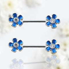 Pair of 14G Silver Blue Gem Flower Nipple Barbell