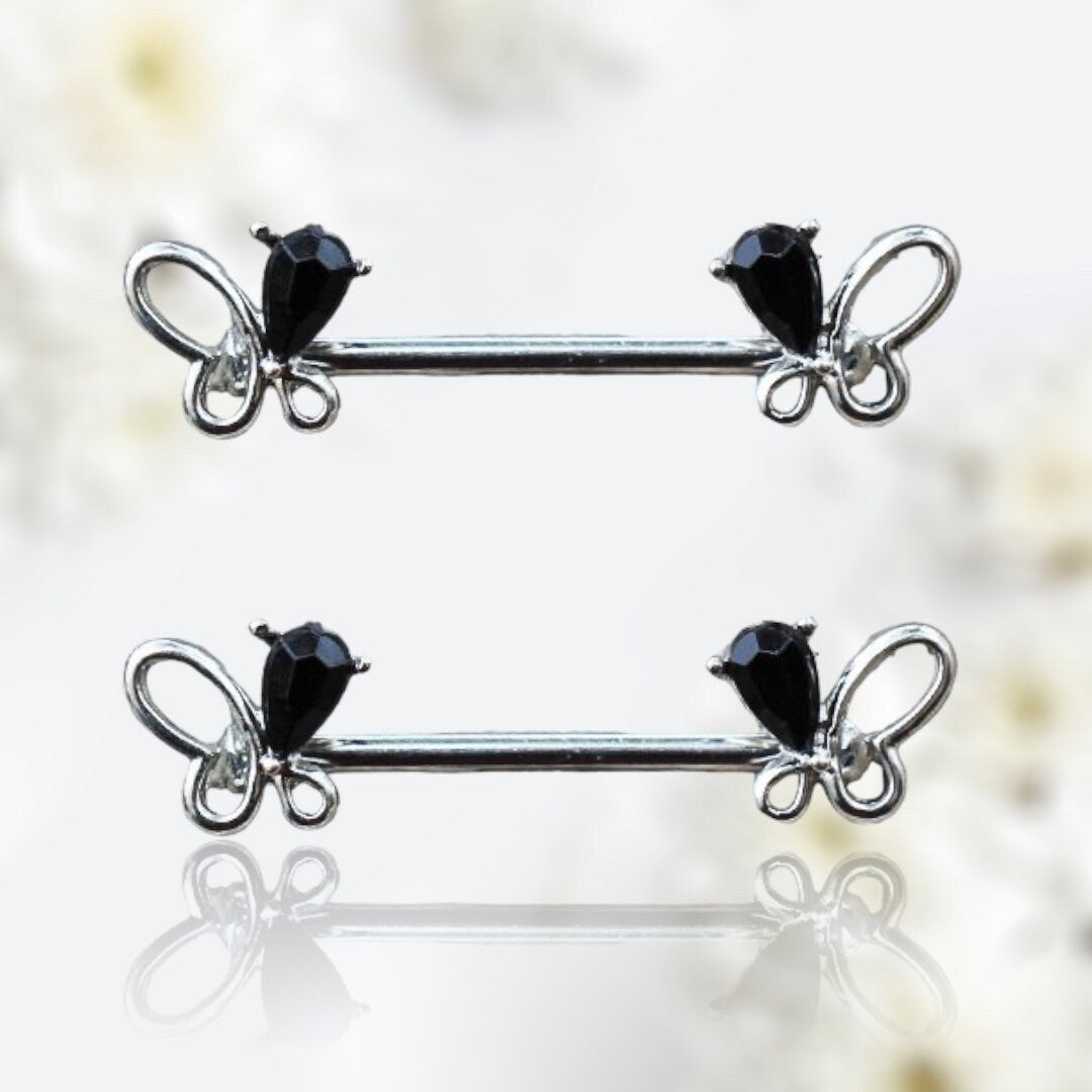 Pair of 14G Silver Black Teardrop Butterfly Nipple Barbell