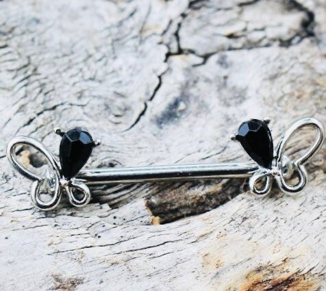 Pair of 14G Silver Black Teardrop Butterfly Nipple Barbell