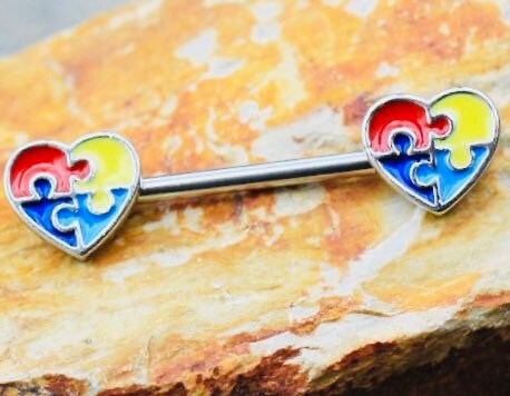 Pair of 14G Silver Puzzle Heart Nipple Barbell