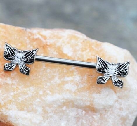 Pair of 14G Silver Clear Gem Exotic Butterfly Nipple Barbell