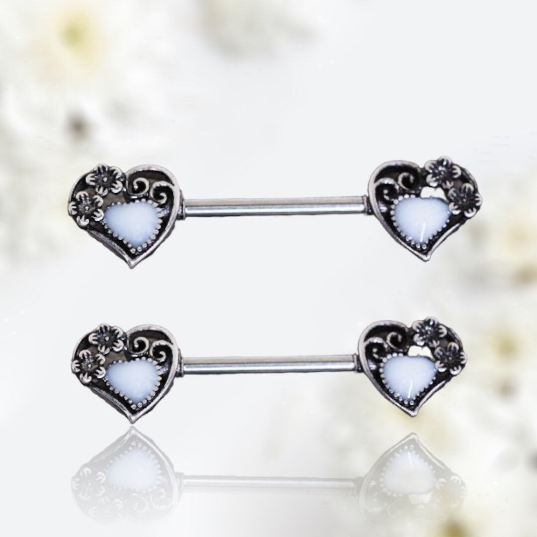 Pair of 14G Silver White Inlay Flower Hearts Nipple Barbell