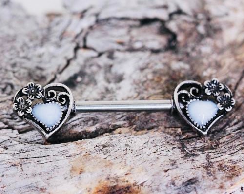 Pair of 14G Silver White Inlay Flower Hearts Nipple Barbell