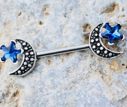 Pair of 14G Silver Blue Star & Moon Nipple Barbell