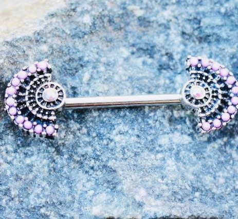 Pair of 14G Pink Beads Fan Nipple Barbell