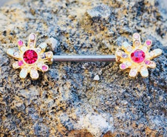 Pair of 14G Gold Multicolor Gem Flower Nipple Barbell