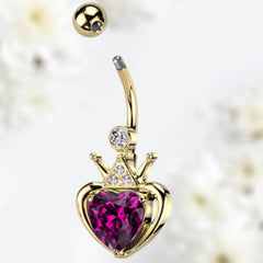 14G Crown and Hot Pink Gem Heart Belly  Button Ring