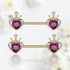 Pair of 14G Gold Crown and Pink Heart Gem Nipple Barbell