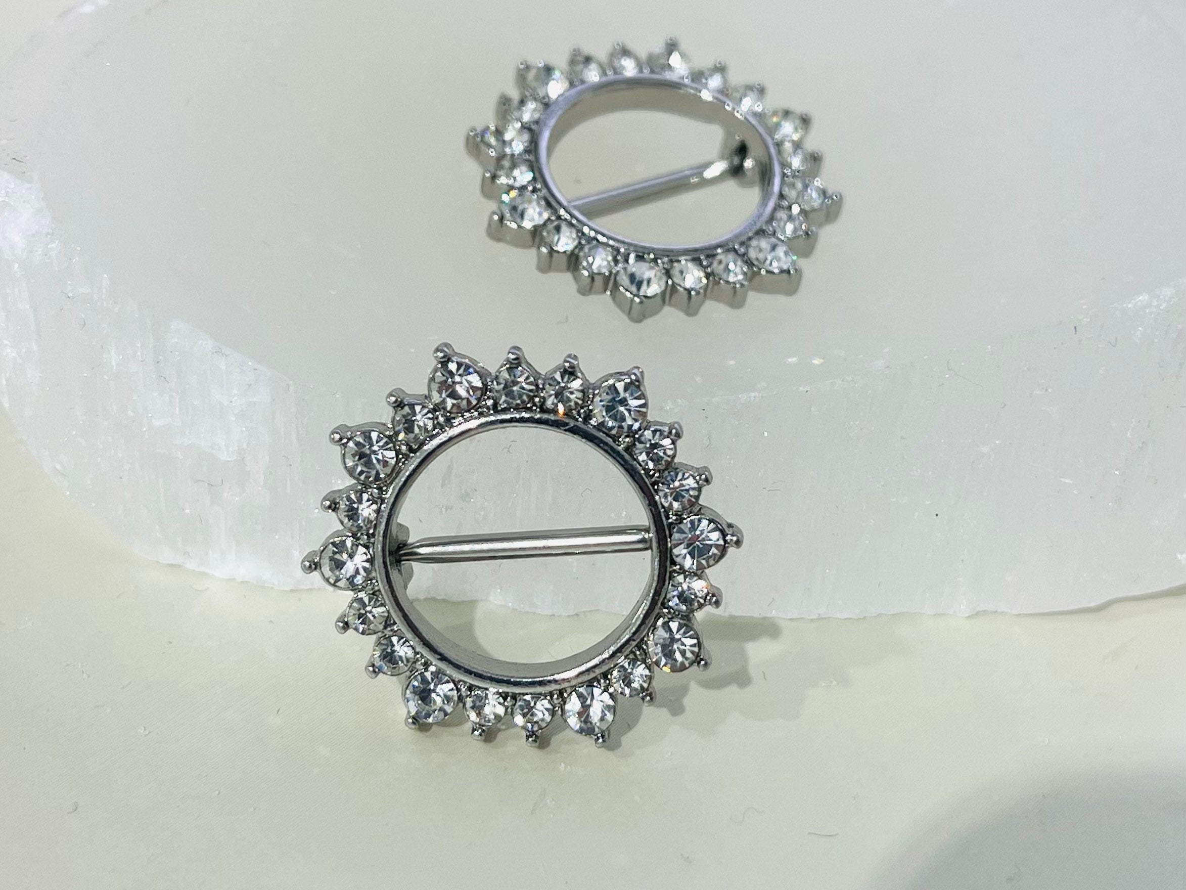 Pair of 14G Silver & Clear Stones Sunburst Clear Gems Nipple Clicker Shield. Nipple Rings. Nipple Clicker. Nipple Shield. Nipple Piercing.