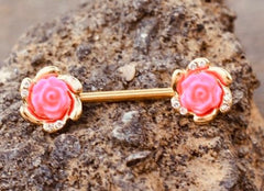 Pair of 14G Rose Ends with Pink Enamel Nipple Barbells. Nipple Piercing. Nipple Jewelry