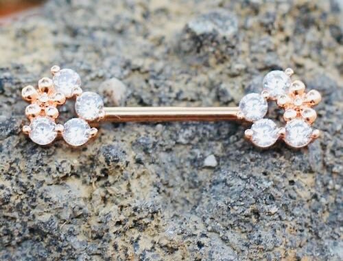 Pair of 14G Rose Gold Clear Gem Flower Ends Nipple Barbells. Nipple Piercing. Nipple Jewelry