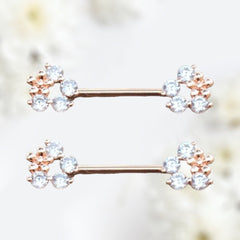 Pair of 14G Rose Gold Clear Gem Flower Ends Nipple Barbells. Nipple Piercing. Nipple Jewelry