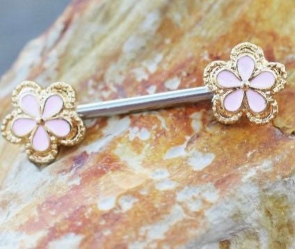 Pair of 14G Silver Pink Enamel Flower Ends Nipple Barbell. Nipple Piercing. Nipple Jewelry