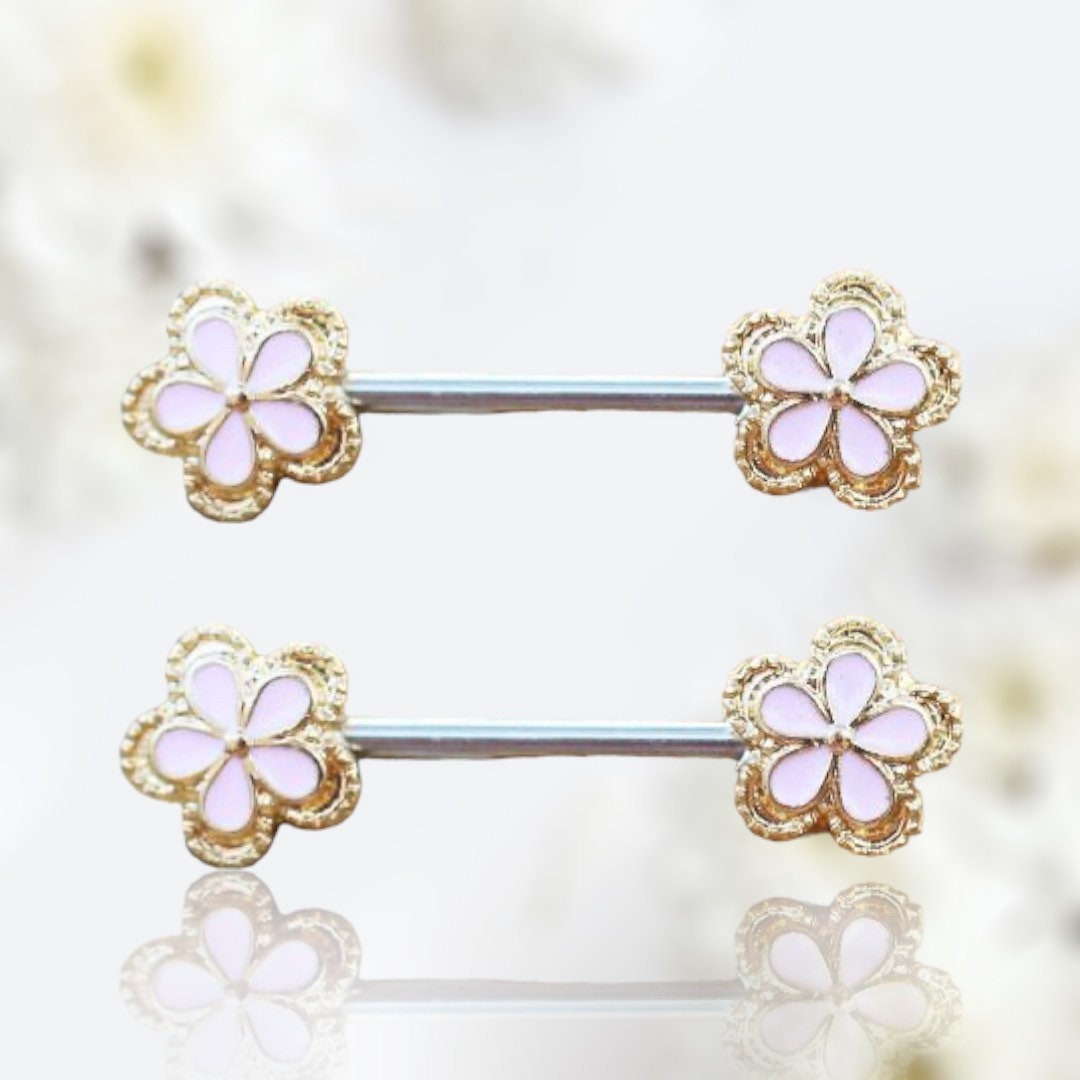 Pair of 14G Silver Pink Enamel Flower Ends Nipple Barbell. Nipple Piercing. Nipple Jewelry