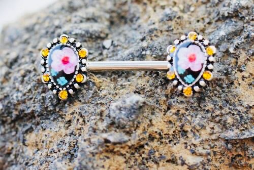 Pair of 14G Silver Antique Multicolor Teardrop Nipple Barbell