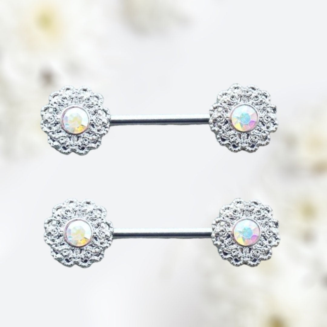 Pair of 14G Silver Multicolor Gem Flower Cluster Nipple Barbell. Nipple Piercing. Nipple Jewelry