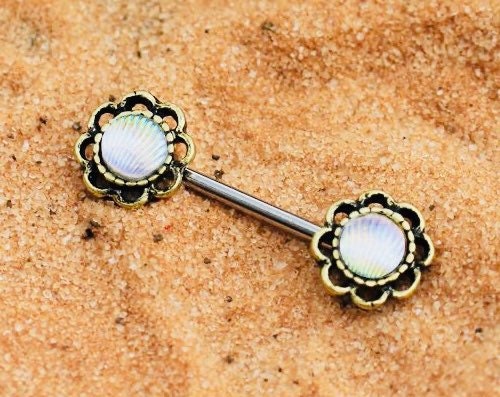 Pair of 14G Silver Antique Seashell Flower Nipple Barbell