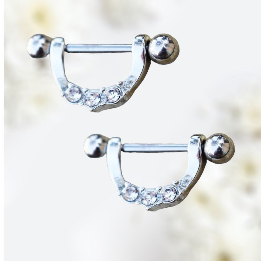 Pair of 14G Triple Gem Dangling Nipple Barbell