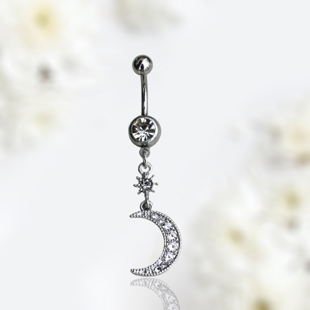 14G Silver Moon & Star Dangling Belly Button Ring