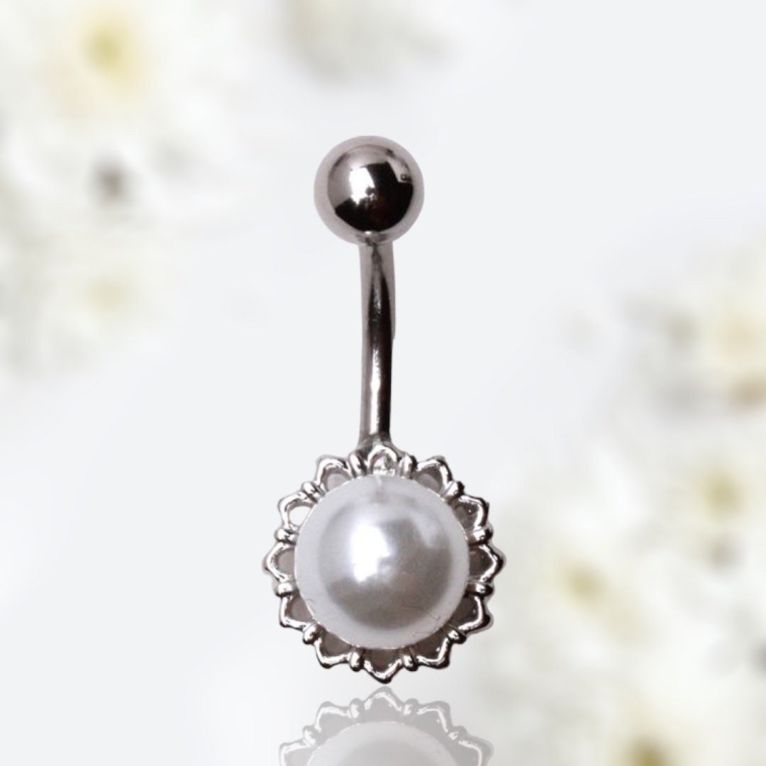 14G Silver White Pearl Belly Button Ring