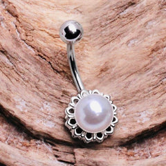 14G Silver White Pearl Belly Button Ring