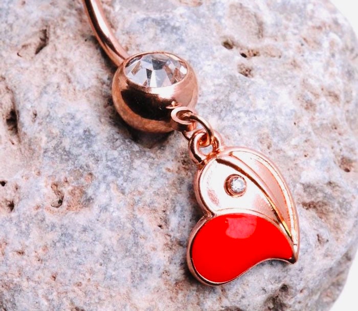 14G Rose Gold Red Floating Heart Dangling Belly Button Ring