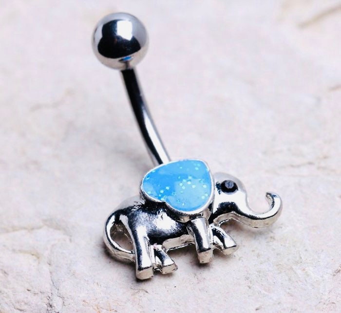 14G Silver Blue Opal Elephant Belly Button Ring