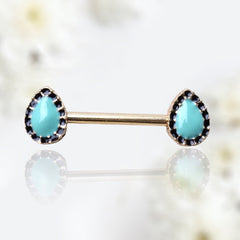 Pair of 14G Gold Aqua Teardrop Nipple Barbell