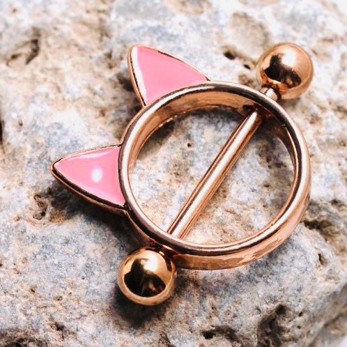 Pair of 14G Rose Gold Pink Cat Nipple Shield Barbell