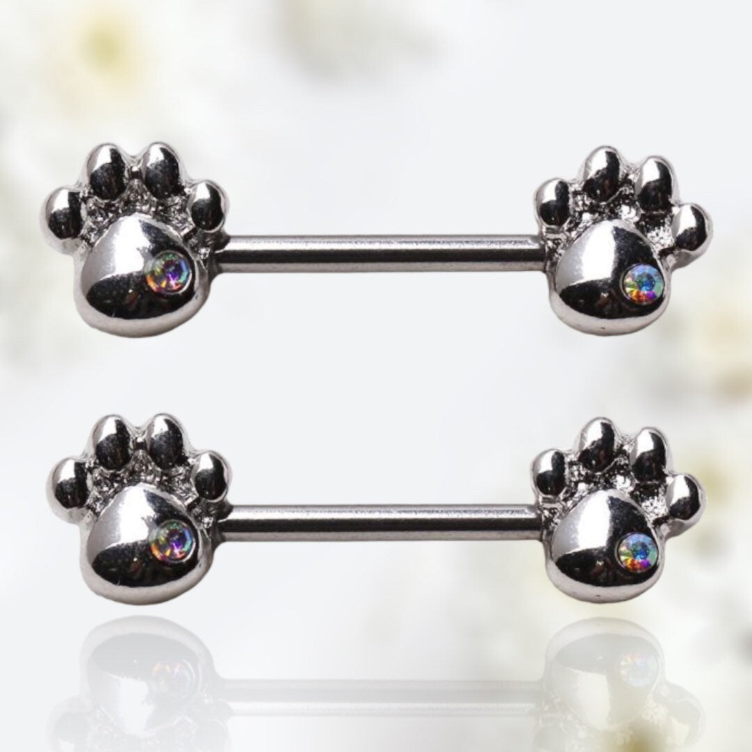 Pair of 14G Silver Dog Paws Multicolor Stone Nipple Barbell