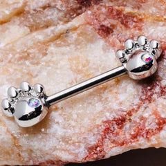 Pair of 14G Silver Dog Paws Multicolor Stone Nipple Barbell