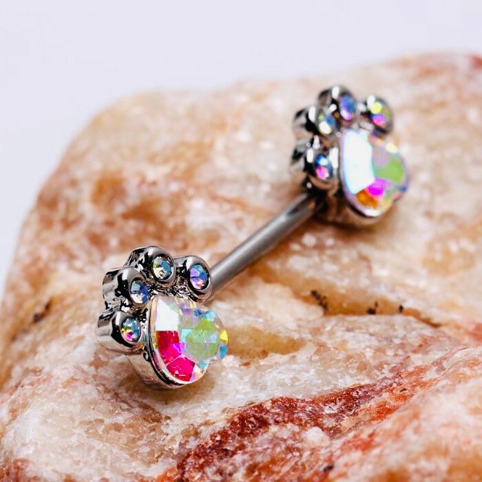 Pair of 14G Silver Sparkling Multicolor Stone Dog Paws  Nipple Barbell