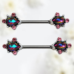 Pair of 14G Silver Ornate Rainbow Teardrop Nipple Barbell