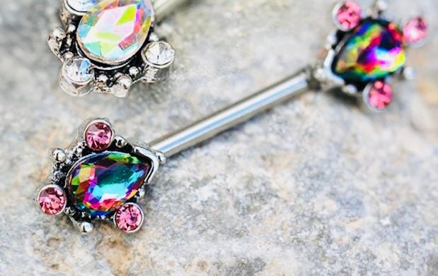 Pair of 14G Silver Ornate Rainbow Teardrop Nipple Barbell