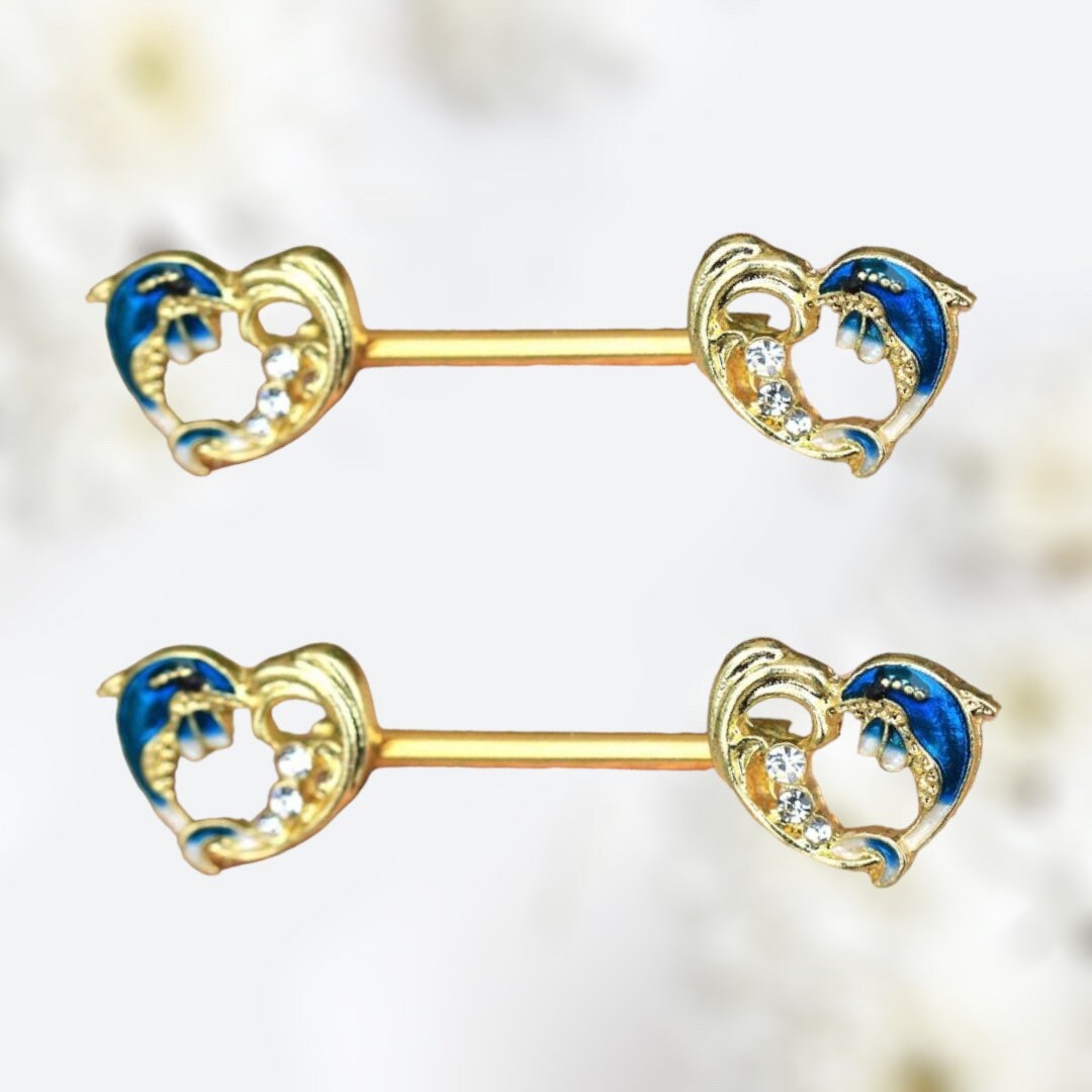 Pair of 14G Gold Dolphin Hearts Nipple Barbell