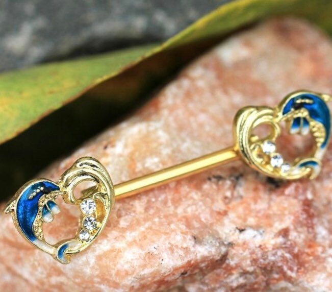 Pair of 14G Gold Dolphin Hearts Nipple Barbell