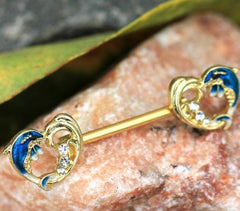 Pair of 14G Gold Dolphin Hearts Nipple Barbell