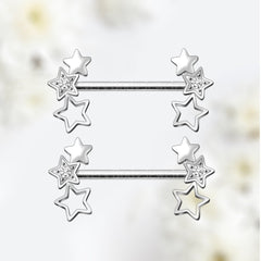 Pair of 14G Silver Triple Star Ends with Clear Gem Nipple Barbell