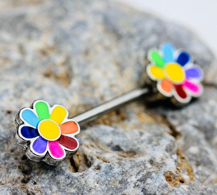 Pair of 14G Silver Rainbow Flower Ends Nipple Barbell